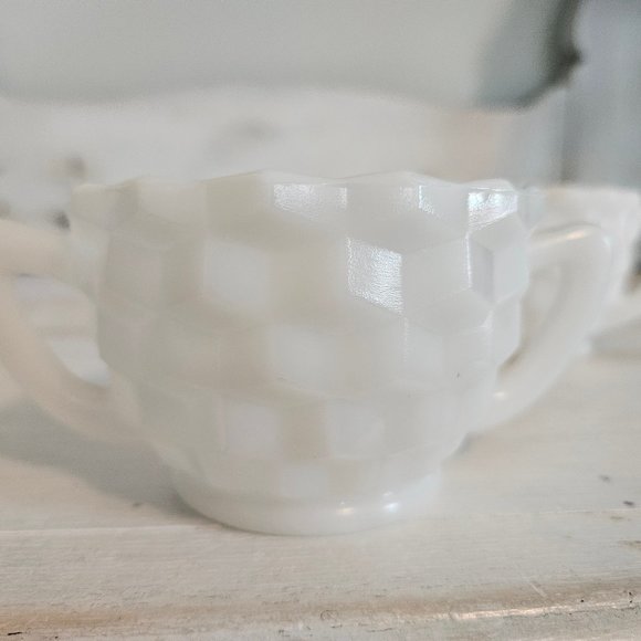 Vintage, Hazel Atlas, Milk Glass Cream and Sugar Set, Cube Pattern - Picture 3 of 6